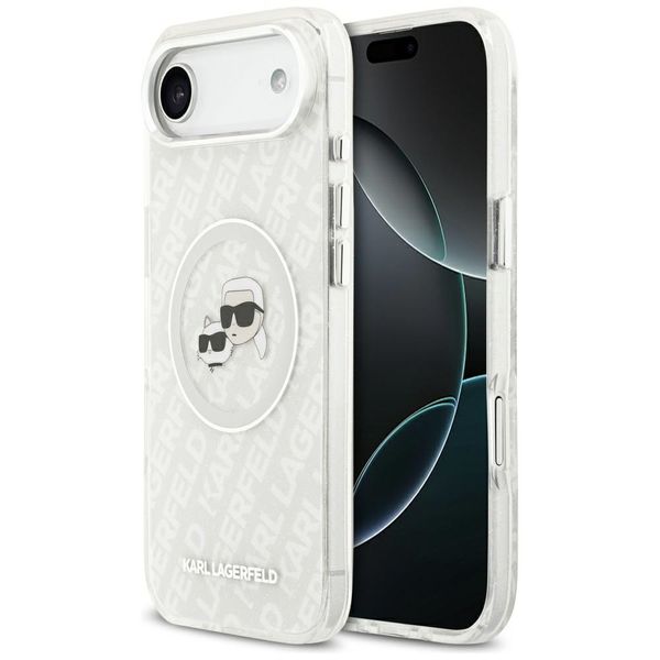 Obal Karl Lagerfeld Magsafe IML trblietavý s kovovým rámčekom fotoaparátu a tlačidlami, hlavy Karla a Choupette na opakovanom logu KL pre iPhone 17 Air sivý