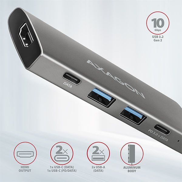 AXAGON HMC-5G2, USB 10Gbps hub, porty 2x USB-A, 2x USB-C, HDMI 4k/60, PD 100W, kábel USB-C 13 cm Dokovacia stanica, USB typ C, kompatibilný s Thunderbolt 3, 1x HDMI, 2x USB 3.1, 2x USB typ C, Power Delivery 60W