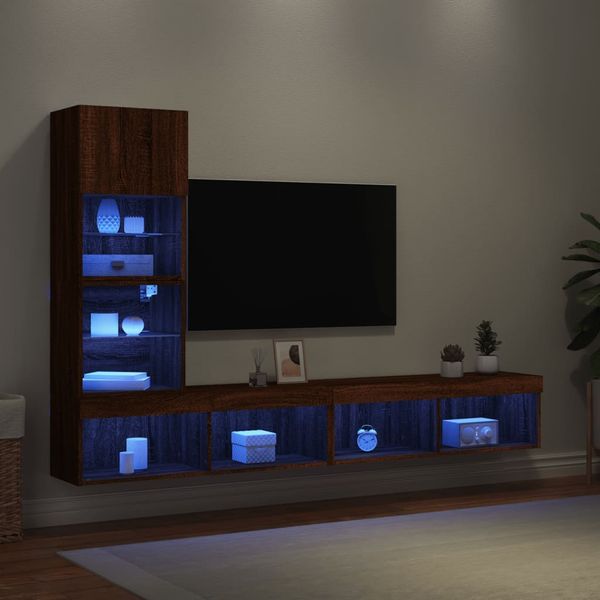 vidaXL 4-dielne TV nástenné skrinky s LED hnedý dub kompozitné drevo