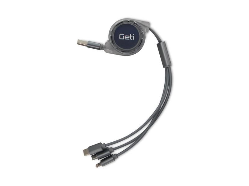 Kábel GETI GCU 04 USB 3v1 strieborný samonavíjaci