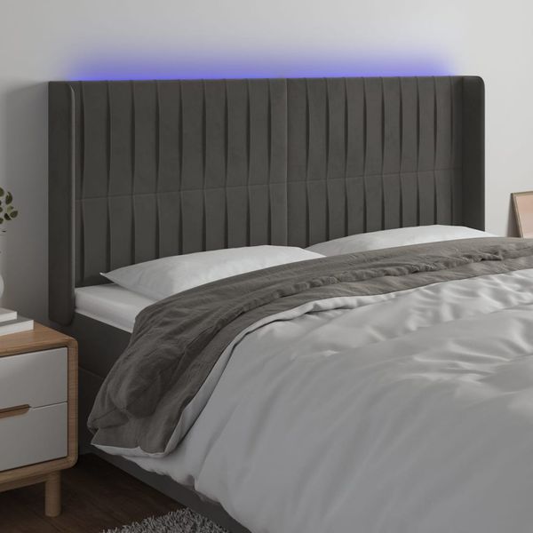 vidaXL Čelo postele s LED tmavosivé 163x16x118/128 cm zamat