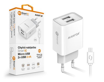Múdra sieťová nabíjačka ALIGATOR 2,4A, 2xUSB, smart IC, biela, micro USB kábel