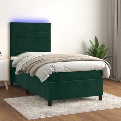 vidaXL Posteľný rám boxsping matrac a LED tmavozelený 90x190 cm zamat