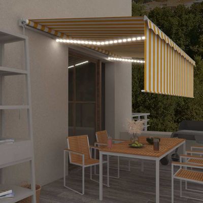 vidaXL Ručne zaťahovacia markíza s tienidlom a LED 5x3 m žlto-biela