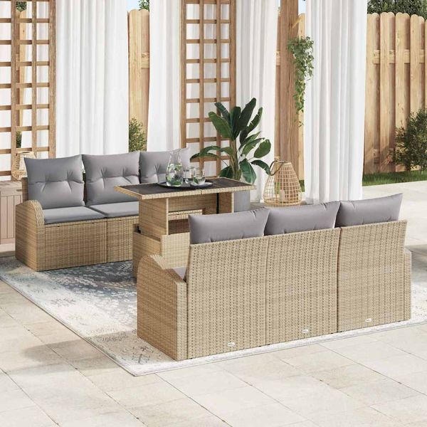 vidaXL Súprava záhradných pohoviek s vankúšom 7 pcs Béžová Poly ratan