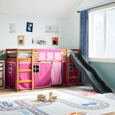 vidaXL Detská vyvýšená posteľ závesy ružová 90x190 cm masívna borovica