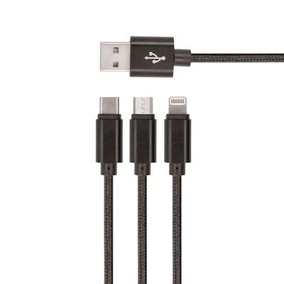 SETTY nylonový USB kábel 3v1 microUSB, Lightning, Type-C 1m (GSM043225) čierna