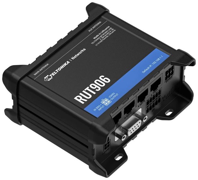 Teltonika RUT906 průmyslový router, 4G, Dual SIM, RS232/RS485 Router, prumyslový, 4G (LTE), 3G, 2G, Wi-Fi 4, 802.11b/g/n, 3× RJ-45 LAN, 1× RJ-45 WAN, 1× RS-232, 1× RS-485, 2× DI/DO, 1× USB, p