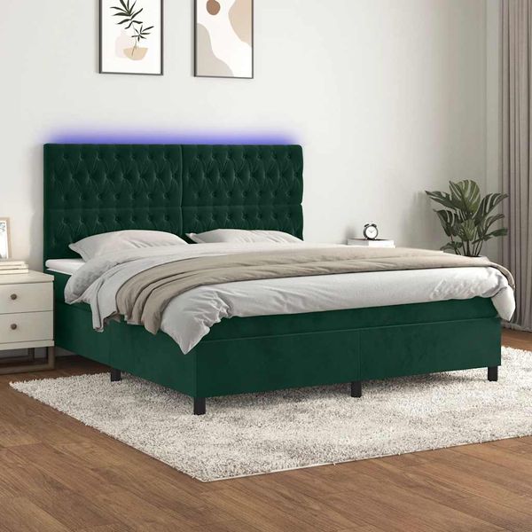 vidaXL Posteľný rám boxsping matrac a LED tmavozelený 160x200 cm zamat