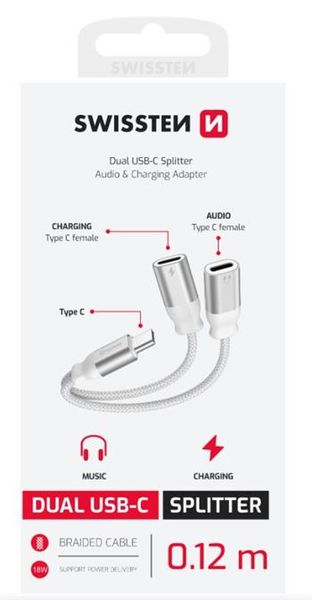 SWISSTEN NABÍJACÍ AUDIO ADAPTÉR TEXTILE USB-C (samec) / 2x USB-C (samica) 0,12 M BIELY