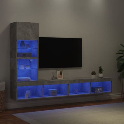 vidaXL 4-dielne TV nástenné skrinky s LED betónovo sivé kompozit.drevo