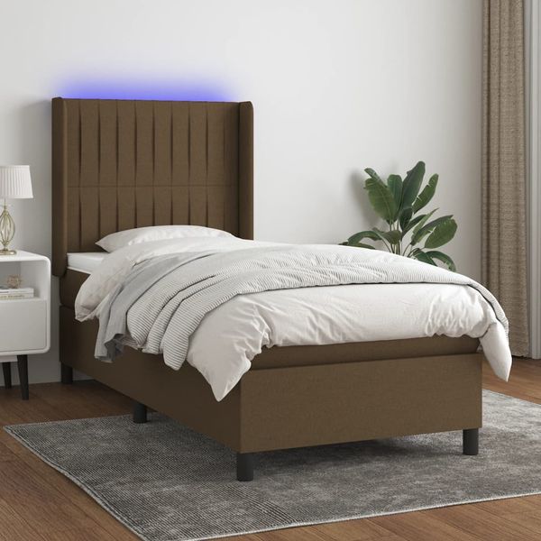 vidaXL Posteľ boxsping s matracom a LED tmavohnedá 90x200 cm látka