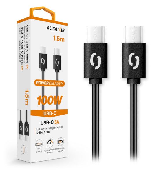 Dátový kábel ALIGATOR POWER 100W, USB-C/USB-C 5A, 1,5m čierny