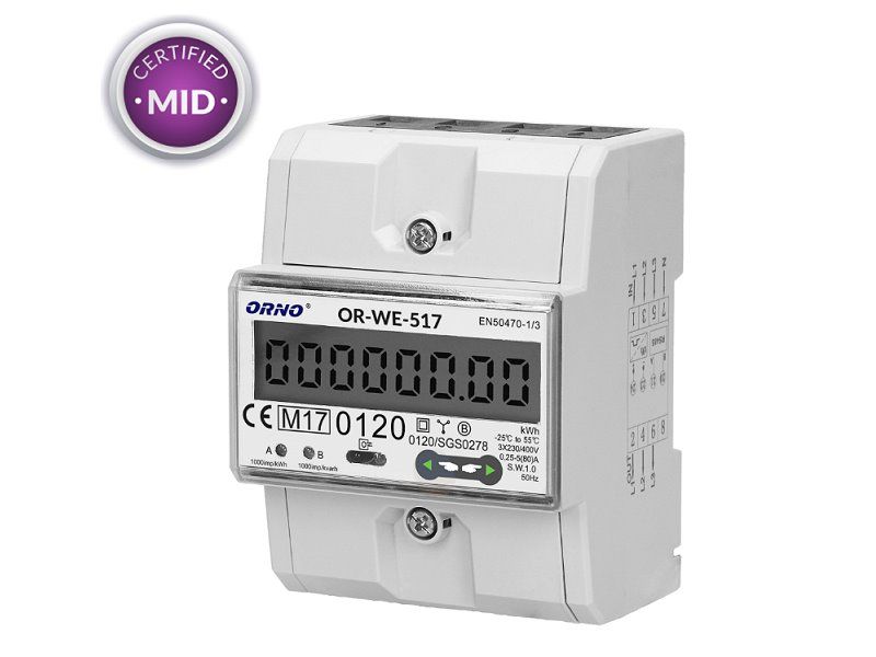 Elektromer 3F na DIN lištu trojfázový ORNO OR-WE-517 digitálny, RS-485, MID
