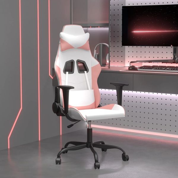 vidaXL Masážna herná stolička biela a ružová umelá koža