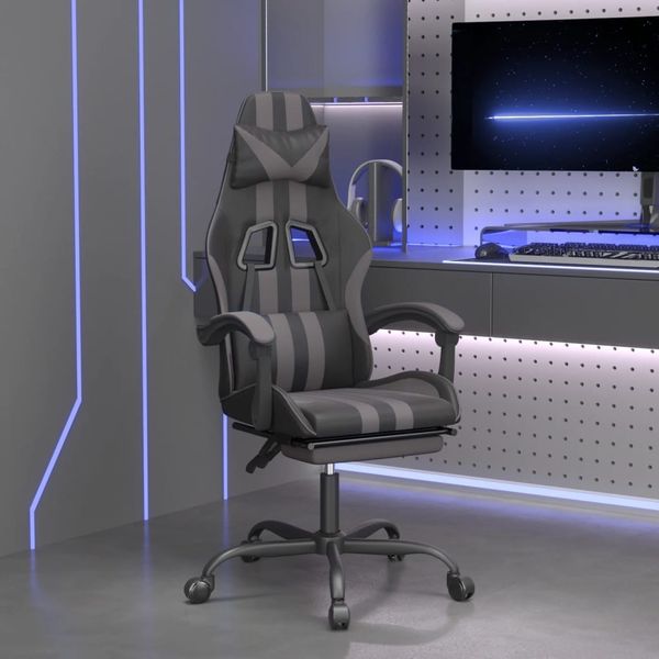 vidaXL Otočná herná stolička s podnožkou čierna a sivá umelá koža