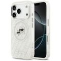Obal Karl Lagerfeld Magsafe IML trblietavý obal s kovovým rámom fotoaparátu a tlačidlami, hlavy Karla a Choupette s opakovaným logom KL pre iPhone 17 Pro sivý