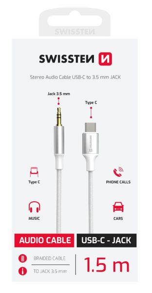 SWISSTEN AUDIO ADAPTÉR TEXTILE USB-C (samec) / 3,5 mm JACK (samec) 1,5M BIELY Kábel, prepojovací, USB-C na 3,5mm jack, textilný oplet, 1,5m, bielo-strieborný