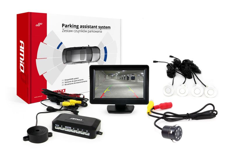 Parkovací asistent TFT01 4,3" s kamerou HD-307-IR 4 senzory biele