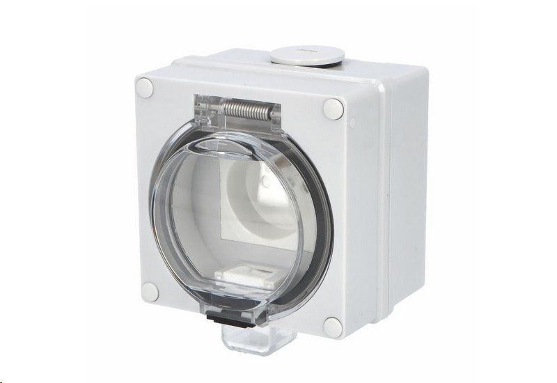 TITAN IP66 Zásuvka 16A/250V/2P+PE s ochranným kolíkem, šedá, transparentní víko, nástěnná