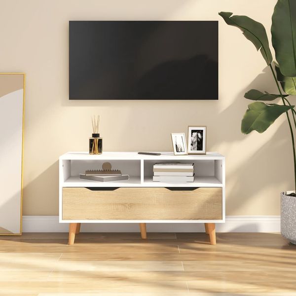 vidaXL TV skrinka, biela a dub sonoma 90x40x48,5 cm, kompozitné drevo