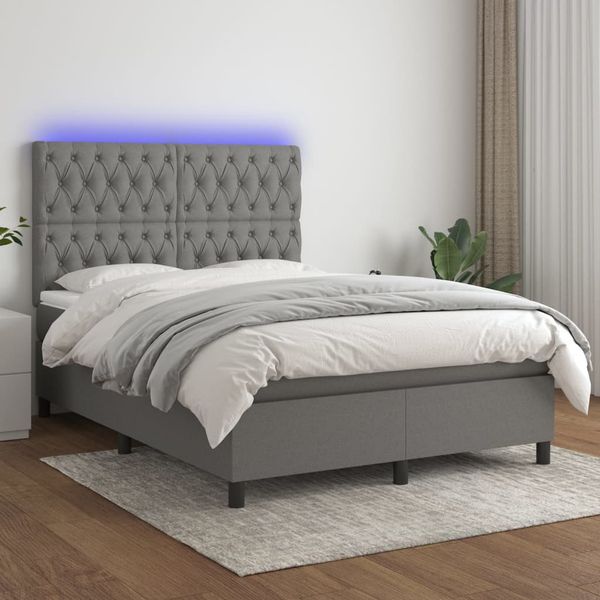 vidaXL Posteľ boxsping s matracom a LED tmavosivá 140x190 cm látka