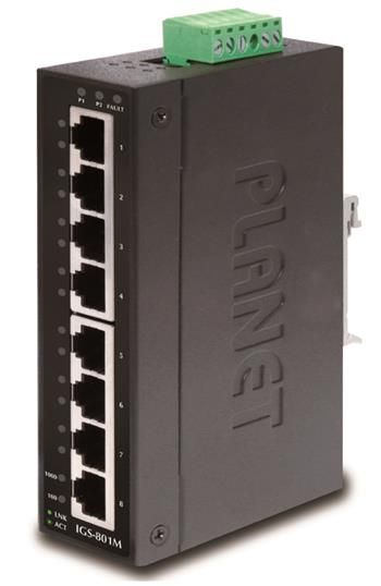 Planet IGS-801M priemyselný L2 switch, 8x1Gb, 12-48VDC, -40~75°C, IP30 Priemyselný Switch, 8x 10/100/1000, Manažment, -10 +60°C