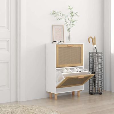 vidaXL Botník biely 52x25x80 cm spracované drevo a prírodný ratan