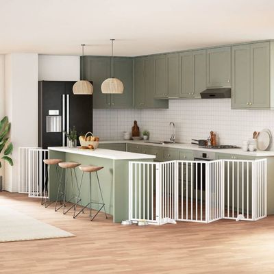 vidaXL Brána pre psa s dverami sklad. 9pan. biela 450cm topoľové drevo