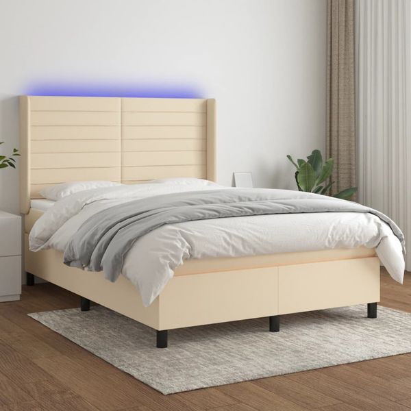 vidaXL Posteľ boxsping s matracom a LED krémová 140x190 cm látka