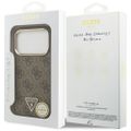 Guess Case Magsafe 4G PU kožené puzdro s trojuholníkovým logom a zlatým kovovým rámom fotoaparátu pre iPhone 17 Pro hnedá