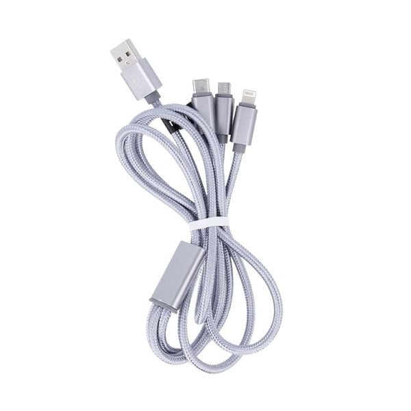 Maxlife 3in1 kábel USB - Lightning + USB-C + microUSB 1,0 m 2,1A sivý nylon