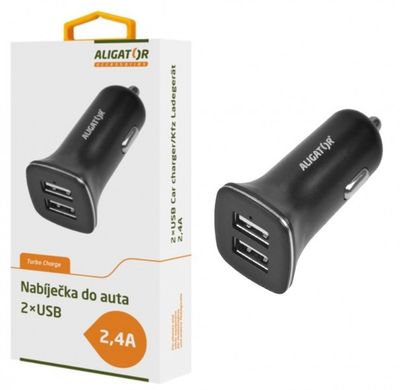 Nabíjačka do auta ALIGATOR s 2xUSB výstupom 2,4 A, Turbo charge, čierna