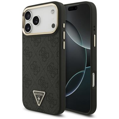 Puzdro Guess Magsafe 4G PU Leather s trojuholníkovým logom a zlatým kovovým rámom fotoaparátu pre iPhone 17 Pro Max hnedé