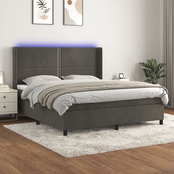 vidaXL Posteľ boxsping s matracom a LED tmavosivá 180x200 cm zamat