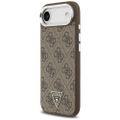 Guess Case Magsafe 4G PU kožený obal s trojuholníkovým logom a strieborným kovovým rámom fotoaparátu pre iPhone 17 Air hnedá