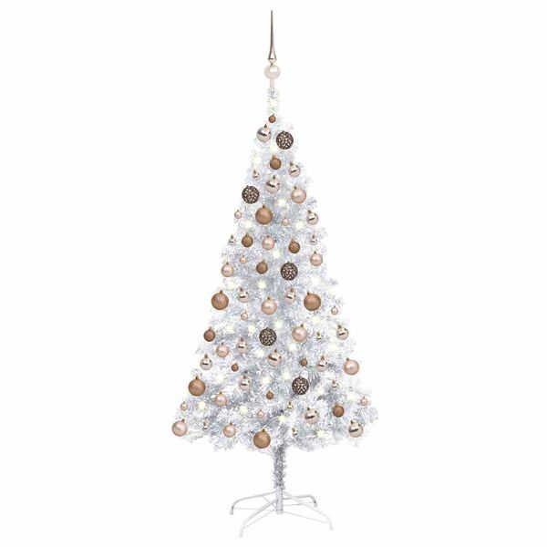 vidaXL Osvetlený umelý vianočný stromček s guľami strieborný 150cm PET
