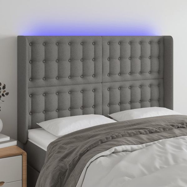 vidaXL Čelo postele s LED tmavosivé 147x16x118/128 cm látka