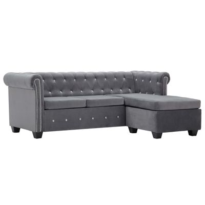 vidaXL Pohovka Chesterfield v tvare L, zamat 199x142x72 cm, sivá