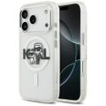 Puzdro Karl Lagerfeld Magsafe IML trblietavé puzdro s kovovým rámom fotoaparátu a tlačidlami a logom Karl a Choupette sketch pre iPhone 17 Pro číra