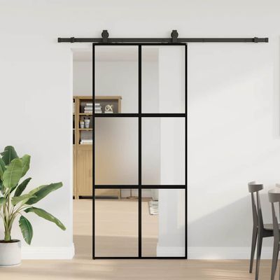 vidaXL Posuvné dvere s kovaním čierne 90x205 cm tvrdené sklo