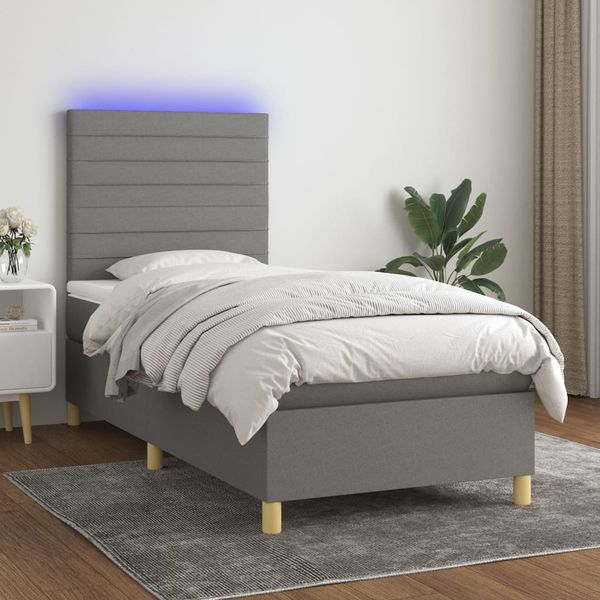 vidaXL Posteľ boxsping s matracom a LED tmavosivá 90x200 cm látka