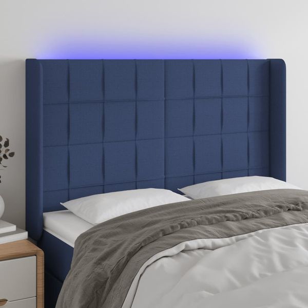 vidaXL Čelo postele s LED modré 147x16x118/128 cm látka