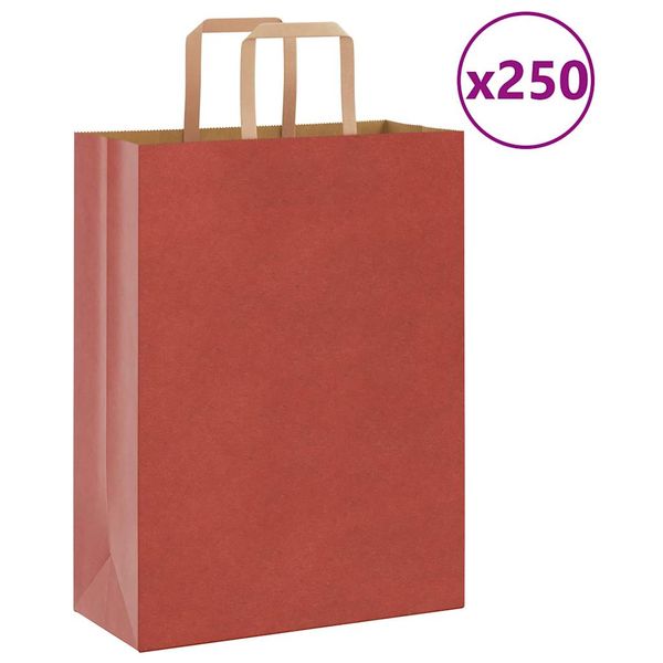 vidaXL Papierové tašky 250 ks s rúčkami, červené, 26x12x35 cm