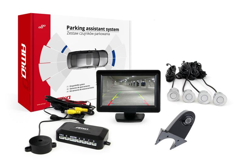 Parkovací asistent TFT01 4,3" s kamerou HD-502-IR 4 senzory strieborné