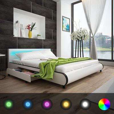 vidaXL Posteľ s matracom, LED, biela, umelá koža 180x200 cm