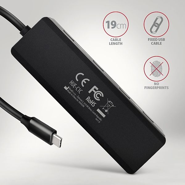 AXAGON HUE-C1C, 4x USB 5Gbps TRAVEL hub, USB-C napájací konektor, kábel USB-C 19cm USB Hub, externý, 4× USB 3.0, 0,19m, čierny