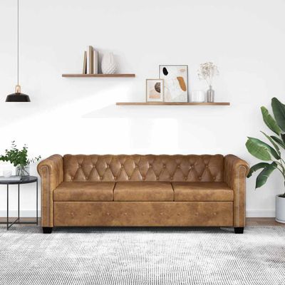 vidaXL Pohovka Chesterfield, 3-miestna, umelá koža, hnedá