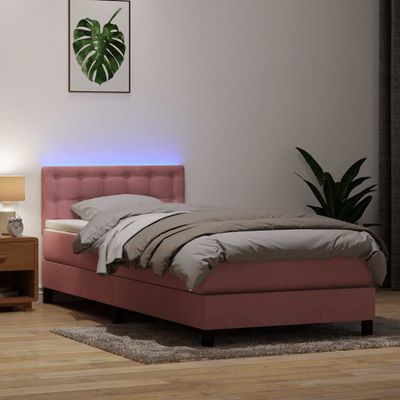 vidaXL Posteľný rám boxsping s matracom a LED ružový 90x220 cm zamat