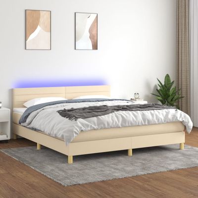 vidaXL Posteľ boxsping s matracom a LED krémová 160x200 cm látka